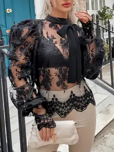 Elegant Plus Size Women's Party Vacation Lace Long Sleeve Top, Bow Decorated Sheer Blouse, Multi-Occasion Chic Fashion