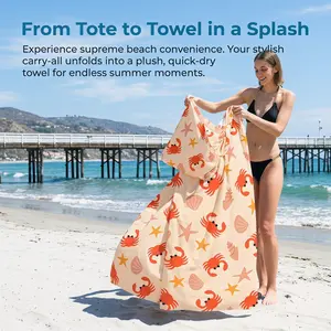 2-in-1 Foldable Printed Beach Towel Carry Bag – Quick Dry Microfiber Towel That Folds Into a Canvas Style Shoulder Tote with Storage, Lightweight & Packable, Summer Vacation, Beach Outfit Essential, Casual Coastal Resort Wear, Poolside Travel Accessory