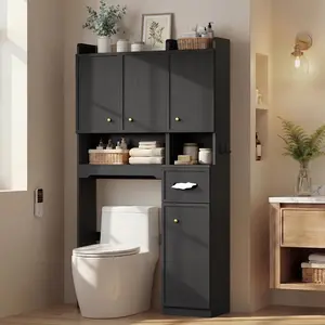 HAUOMS 7-Tier Over Toilet Storage Cabinet with Doors, 2-in-1, Separatable Tall Narrow Cabinet, Bathroom Storage Cabinet, Adjustable Shelf, Big/Small Room, Laundry Room, Tissue Holder, Anti-Tip