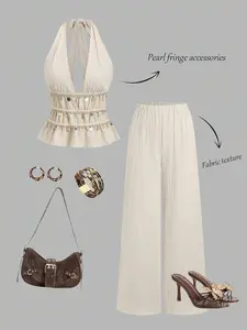 Women's Bohemian Style Apricot V-Neck Spaghetti Strap Shell Sequin Chain Decor Camisole & Comfortable Versatile Loose Straight Wide Leg Pants 2-Piece Set, Spring/Summer Elegant Summer Outfits Wide Leg Pants Set Ruffle Set Festival