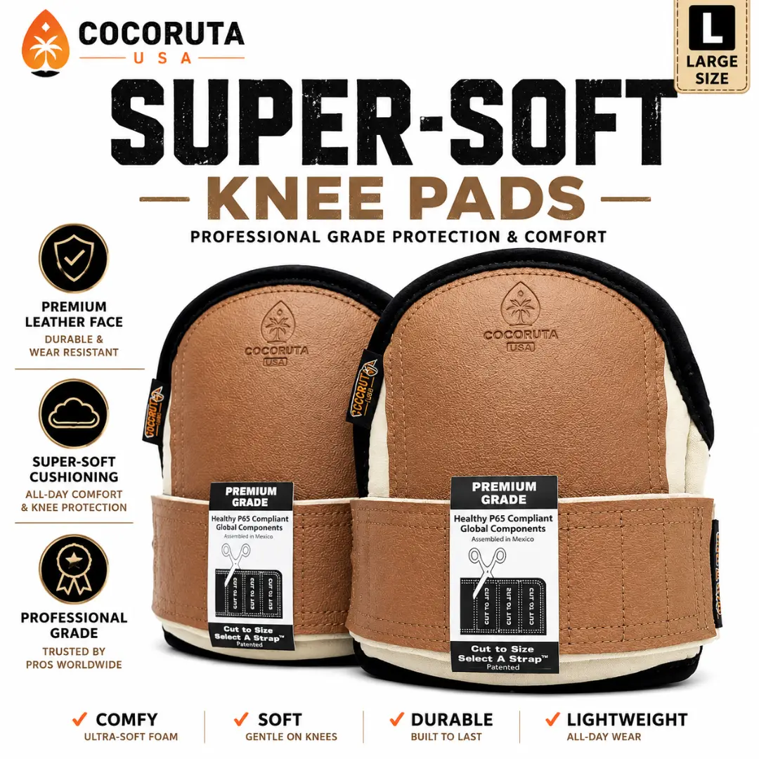 COCO RUTA USA SuperSoft Leatherhead Kneepads (Large Size / Bagged in Pairs) - Comfortable, Adjustable, Washable Kneepads - Heavy Duty Construction Flooring Knee Pads for Tile, Roofing, Gardening Work | Adjustable Cut-to-Size Strap | All-Day Comfort
