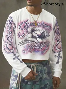 American Street Style Angel Print Fitted Round Neck Long Sleeve Sweatshirt, Trendy Casual Short New Fashion for Fall & Winter