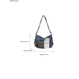 Bohemian Denim Crossbody Bag with Tribal Woven Detail, Multi-Pocket Design, Perfect for Festivals, Casual Outings & Embracing Retro Hippie Vibes with Every Outfit
