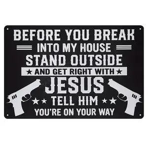 Funny Wall Decor Metal Sign – “Stand Outside & Get Right With Jesus” Tin Sign, 8×12 Inch Bold Gun Rights Wall Art for Patriotic Home, Garage & Man Cave – Palette&Wall