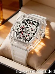 Future-Style Mechanical Men's Watch, Transparent Crystal Barrel Case, Hollow Dial, Skeleton Watches, Rubber Strap, Casual Analog Quartz Watch