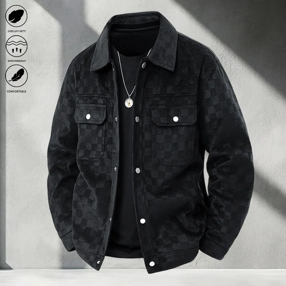 Men’s trendy black checkered trucker jacket featuring a turn-down collar, ribbed front closure, hidden checkered jacquard fabric, skin-friendly and breathable, wrinkle-resistant, multi-pocket design, relaxed casual fit—ideal for spring and autumn streetwe