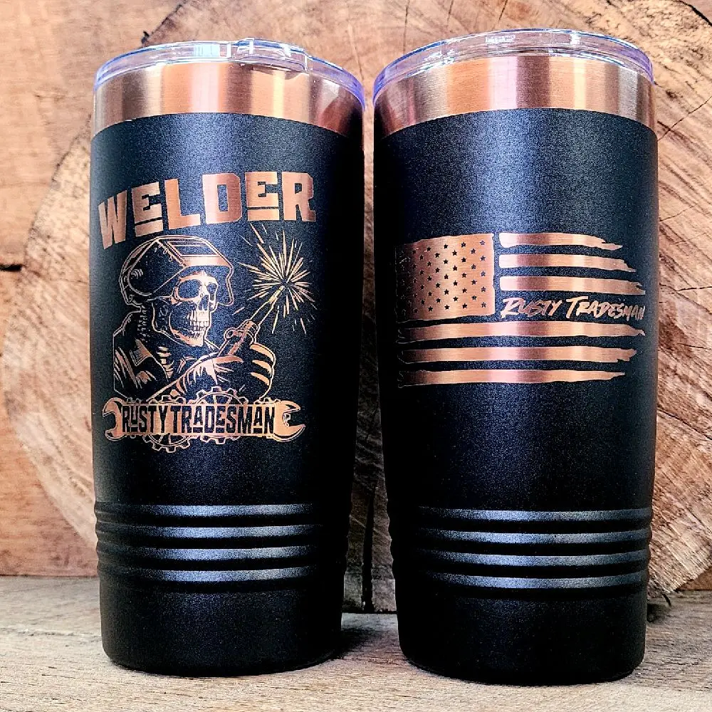 Welder Tumbler Blue Collar 20oz Tumbler | Rusty Tradesman - Black Design with Rose Gold Accents, Ideal for Drinkware - Bottle Portable