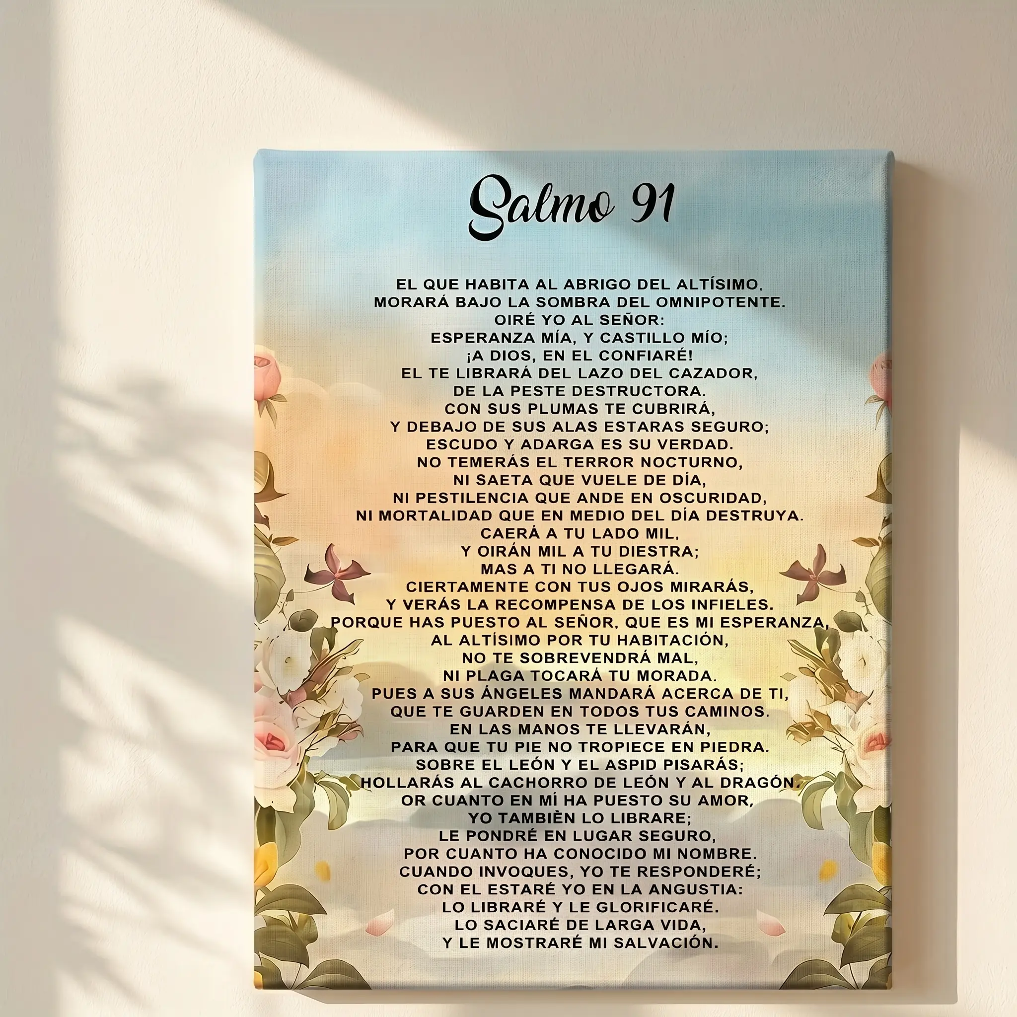 1 Piece Artistic Bilingual Spanish-English Psalm 91 Biblical Verse Retro Frame Canvas Wall Art Print - Multi-Size Serene Flowers Sky Design, Modern Classic Ink Canvas, Ready-to-Hang Room Decor for Home, Perfect Holiday & Birthday Gift, Metal Frame, Protec