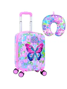 Cute Butterfly Kids Suitcase 2PC Set with 360° Spinner Wheels, Lightweight Travel Carry-On Hardshell Luggage for Girls, Toddler & Elementary Children