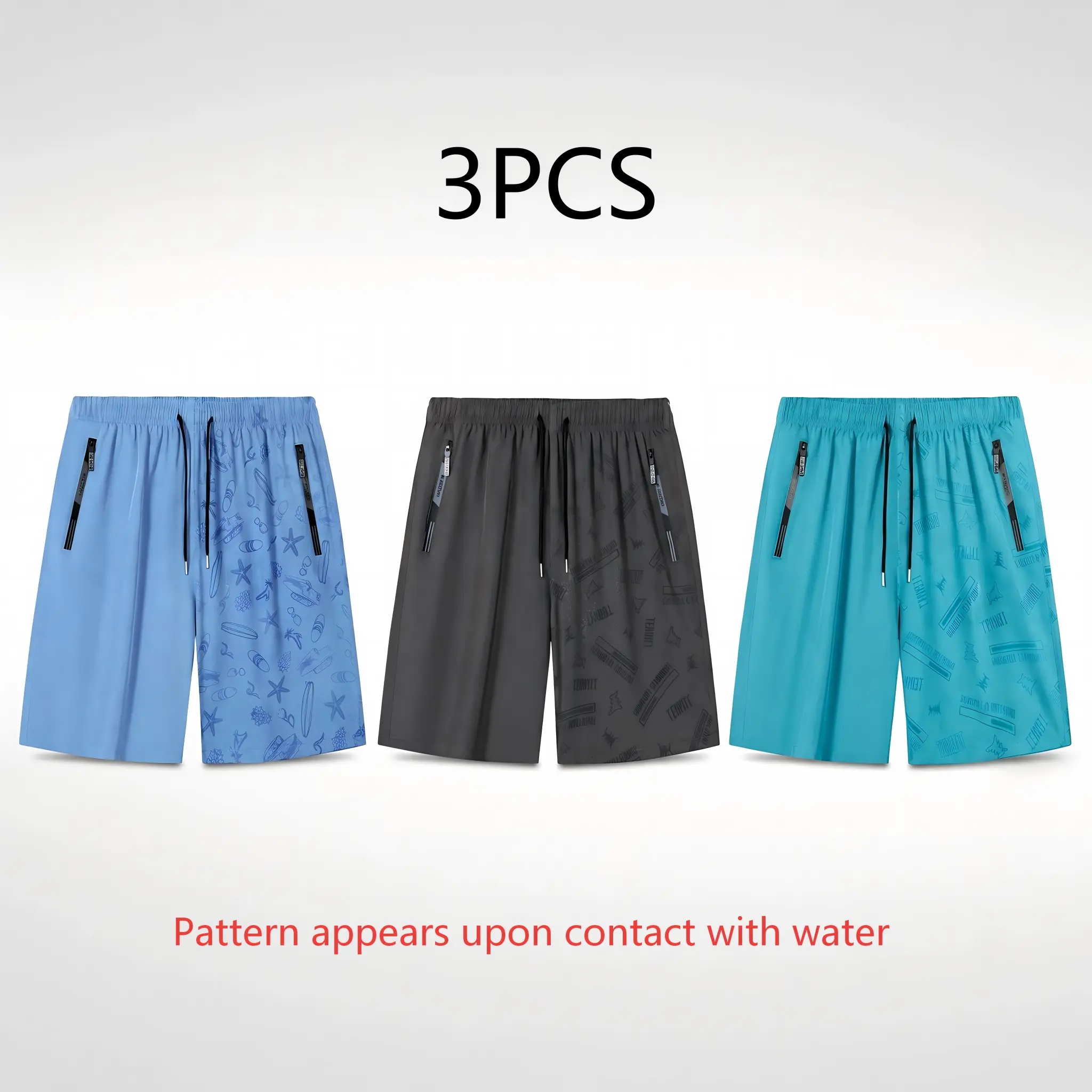 3-Piece Set: Magic Quick-Dry Shorts (Pattern Appears When Wet) – Summer Swim Shorts, Mid-Length Shorts, Loose Casual Fit; Breathable & Quick-Drying; Suitable for Sports, Cycling, Outdoor Activities, and the Beach.