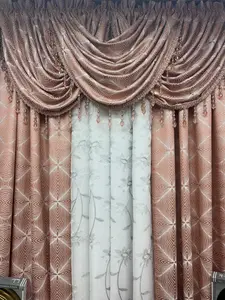 Margo 7-Piece Luxury Curtain Set With Sariyah Center Panel & Backing Blush Jacquard Fabric Waterfall Valances Aarya Embroidered Sheer Panel