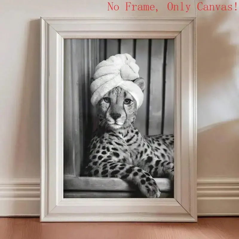 1pc Unframed/Framed Cheetah In Bathrobe Turban Funny Art Poster Black White Animal Leopard Bathroom Decor Funky Painting Print Minimalist Wall Picture For Dorm,Apartment,Living Room,Toilet,Restroom,WC,Modern Home Decoration Glossy