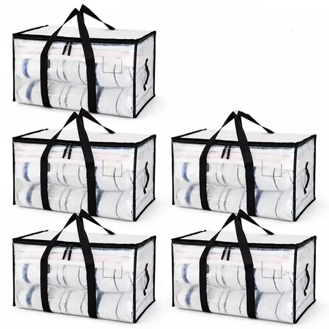 5-Pack Value Heavy-Duty Zip Portable Storage Bags Set - Sturdy Transparent Plastic, Reinforced Handles, Extra-Large, for Automotive & Motorcycle Exterior Decoration, Dorm-Ready Storage, Bedding & Clothes (5pack Move Set)