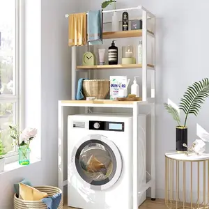 Over The Washer and Dryer Storage Shelf, 3 Tiers Laundry Room Shelves Bathroom Organization Towel Storage Rack Space Saver Standing Rack with Clothes Hanging Rod