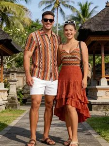 2026 Bohemian Vacation Couple Outfit Women's Zig Zag Ethnic Print Layered Dress and Men's Short Sleeve Shirt Matching Set
