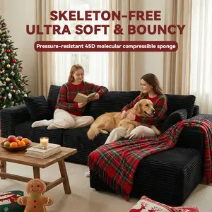 【2 Packages Shipping】Juvani 110" Plush Corduroy Cloud Velvet Modular Boneless Couch with Chaise 38cm High-Resilience Sponge, No Assembly Required - L/U-Shaped Sectional Sofa Set with Flexible Configuration - 110"W x 69"D x 33"H, 3 Seater