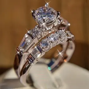 A set of two Women's engagement and wedding rings, set with cubic Synthetic Zirconia, luxurious round gemstones suitable for daily wear and weddings, April birthday stones, Women's jewelry, holiday gifts