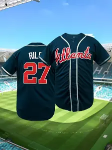 Atlanta 27 Embroidered Navy Red Baseball Jersey for Men Women - Breathable Button Down Sports Shirt for Training & Daily Streetwear