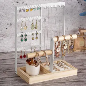 Jewelry Holder Organizer 4 Tier Earring Organizer Necklace Bracelet Holder Stand Wood Ring Organizer Tray