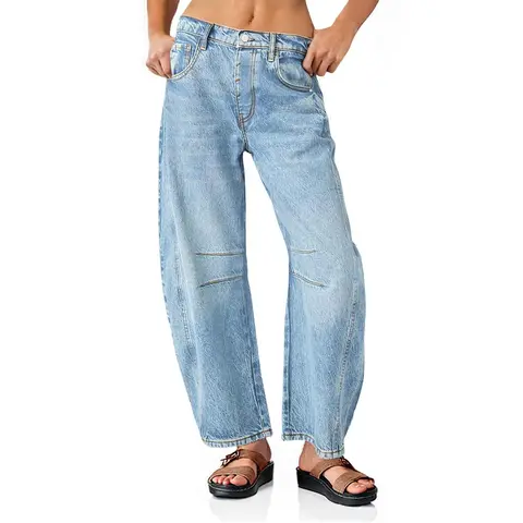 PiePieBuy Women's Minimalist Casual Mid-Rise Denim Pants - 90s Vintage Streetwear, 00s Style Barrel Jeans, Slouchy Baggy Boyfriend Leg, Button Accent, Pocketed, Comfortable Fabric, Baggy Jeans Outfits