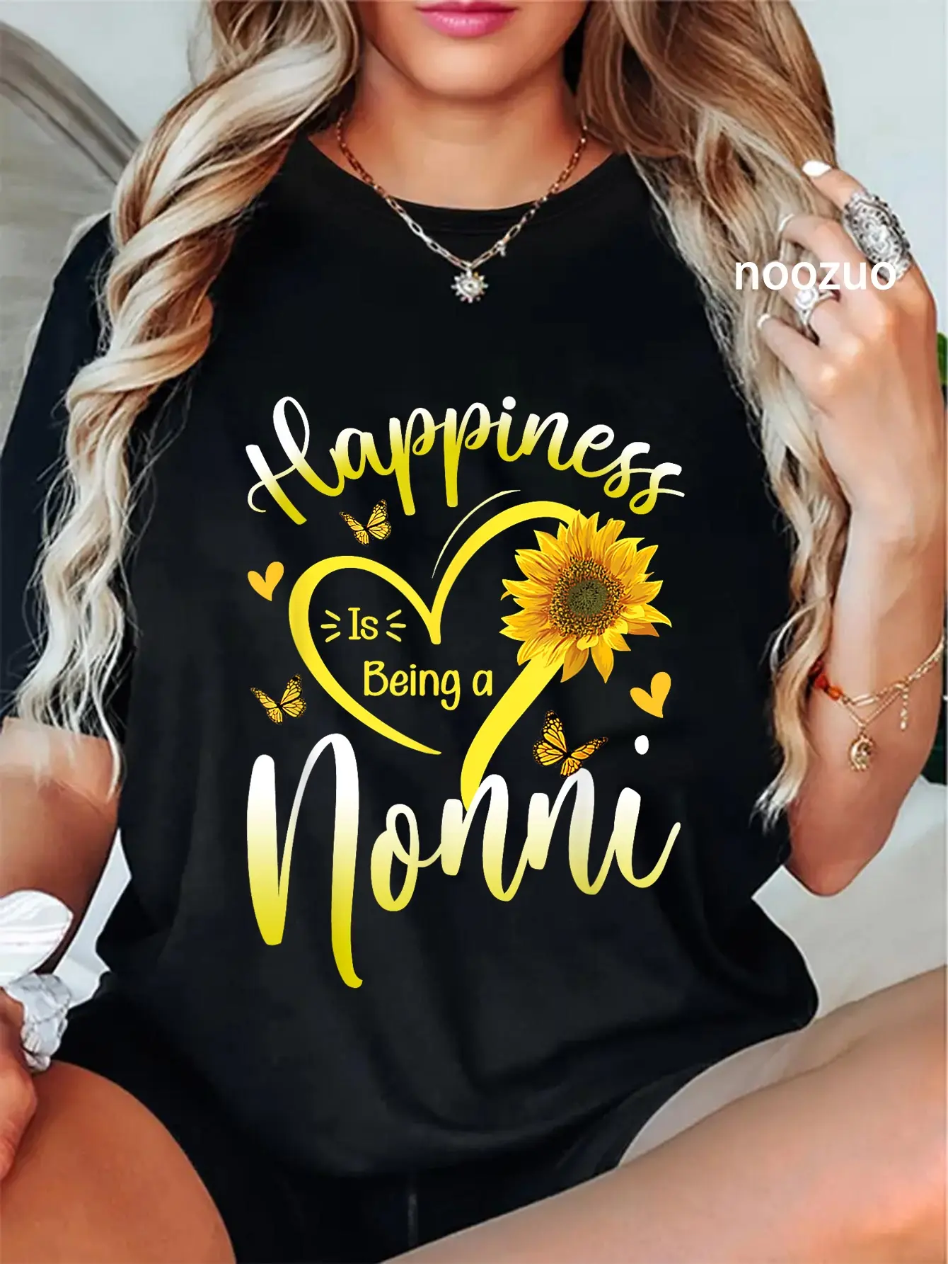 Women's 100% Cotton Round Neck Graphic T-Shirt, Casual Everyday Lady Top with Funny "Happiness Is Being Called Nonni" Sunflower Design, Tshirt, Funny Vibes, Vintage