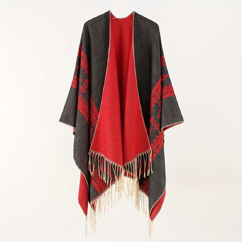 Vintage Geometric Poncho Cape for Women, Cashmere-like Polyester Shawl with Tassels, Thick Windproof Casual Outerwear for Winter, Female, Poncho Shawl, Heavyweight, Thick Wrap, Open Front, Clothes, Wrap Poncho