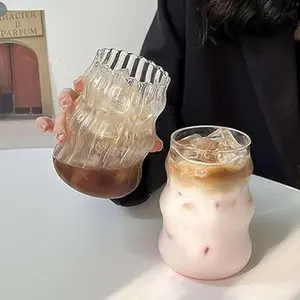 2 Pcs Ribbed Glass Cups, 18 Oz Vintage Drinking Glassware with Wave Shape Design, Bubble Cups for Iced Coffee, Juice, Beverage, Milk, Cocktails, Bubble Tea