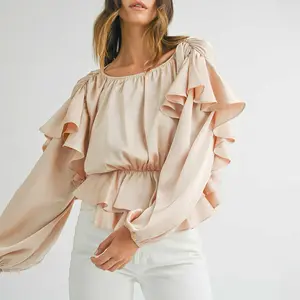 Oatmeal Lace-up Keyhole Back Ruffled Peplum Blouse Shirts Top