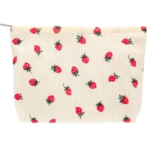 Makeup Bag Large Cotton Zipper Pouch for Purse Travel Canvas Make Up Organizer for Women Cosmetic,Strawberry Beige
