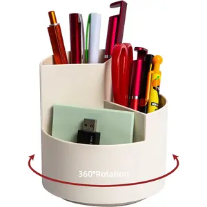 Desk Pencil Pen Holder, 3 Slots 360-Degree Spinning Organizers, Desktop Storage Stationery Supplies, Cute Cup Pot for Office, School, Art Supply, Kids - White