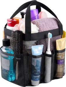 Mesh Shower Caddy Portable for College Dorm Room Essentials with 7 Pockets, Freestanding Hanging Organizer Basket, Quick Dry Tote Bag for Camping, Bathroom, Beach, Travel, 1 Pack, Black