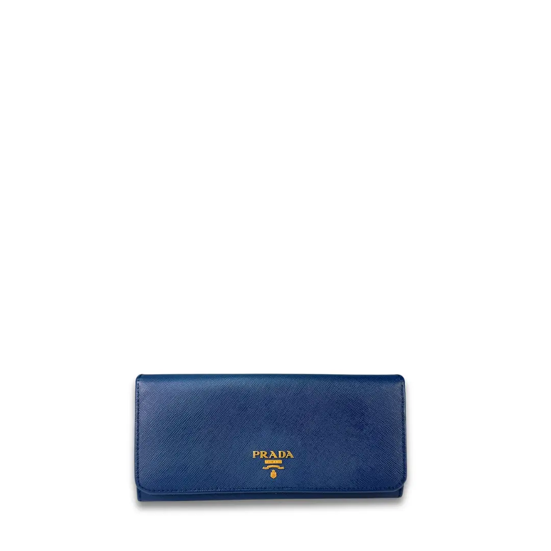 Pre-owned PRADA Leather Small Leather Goods Blue Saffiano Continental Snap Wallet