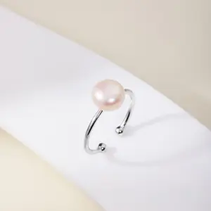 EAMTI 925 Sterling Silver Pearl Rings Minimalist Charming White Freshwater Bread Shaped Pearl Rings Simple Style Adjustable Branch Rings for Women