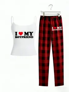Trendy "I Love My Boyfriend" Pajama Set | Black Cami Top & Red Buffalo Plaid Pants | Soft, Stretchy, Breathable, Casual Loungewear | Perfect for Cozy Nights, Valentine's Day & Couple Matching | Viral TikTok Aesthetic Sleepwear Pjs
