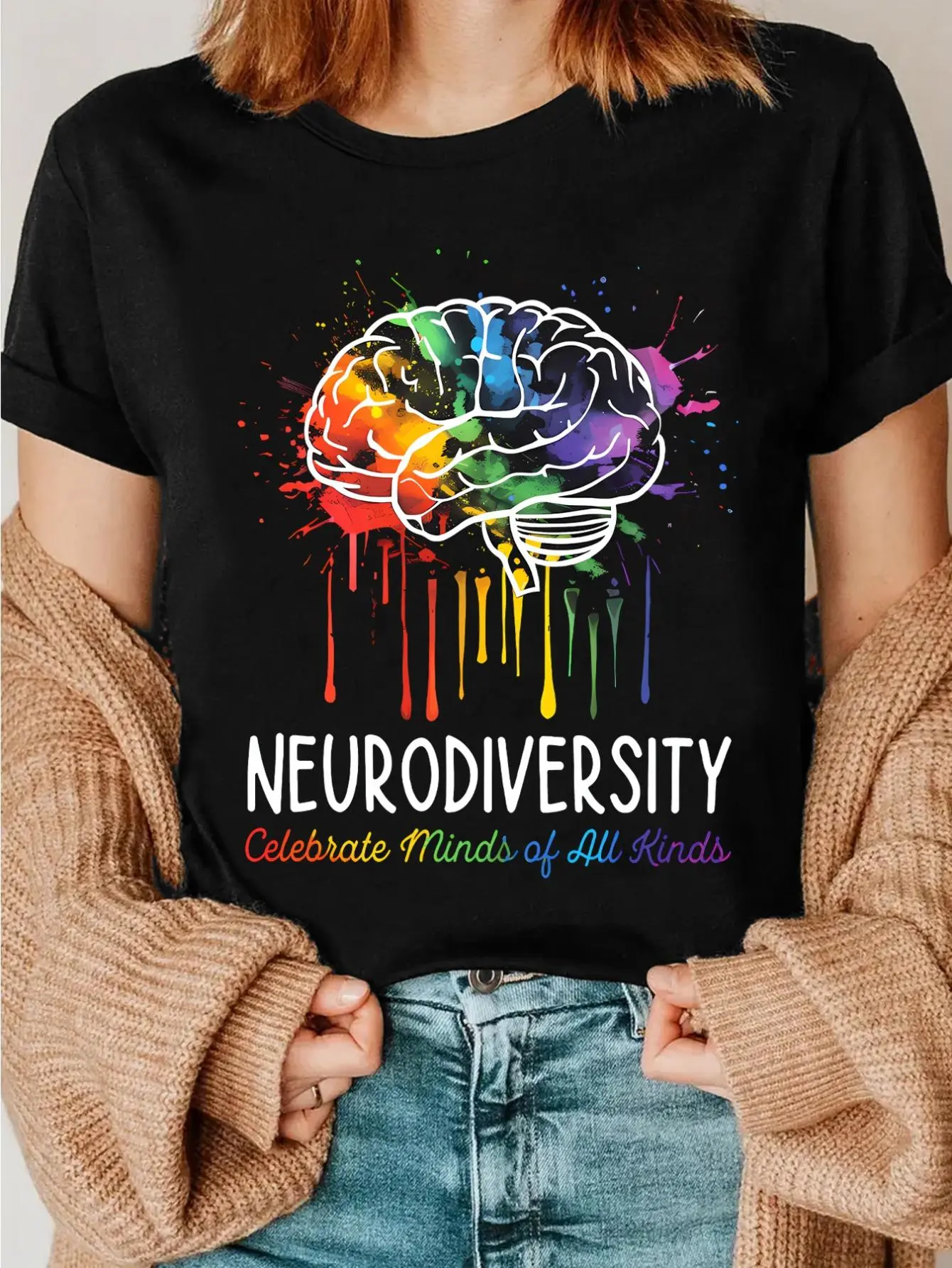 Colorful Brain Print T-Shirt, Neurodiversity T-Shirt, Praise Thinking, Accept Autism, Special Education Teacher, Mental Health Awareness T-Shirt, Neurodiversity Support T-Shirt, Autism Mom T-Shirt, Ladies Club Clothing,