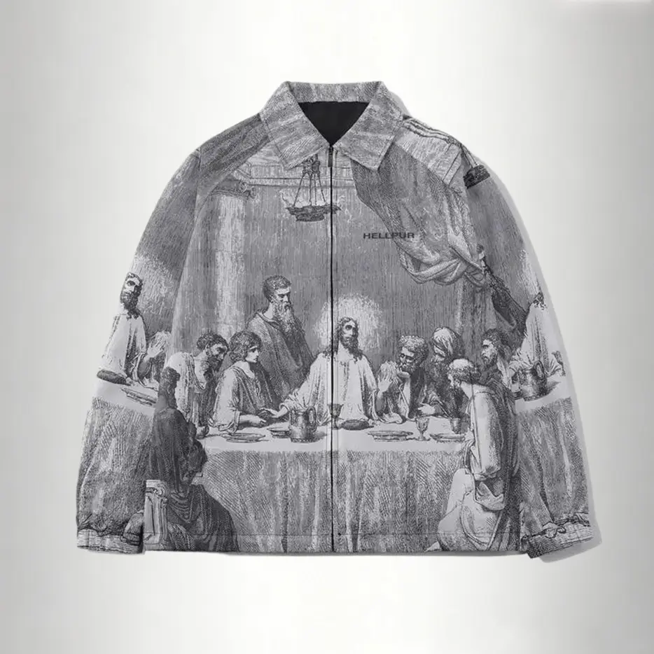 Men's spring and autumn Jesus jacket, American casual flip collar classic coat, regular fit stylish and comfortable versatile jacket, suitable for holiday wear Menswear Tops Long Sleeve Print