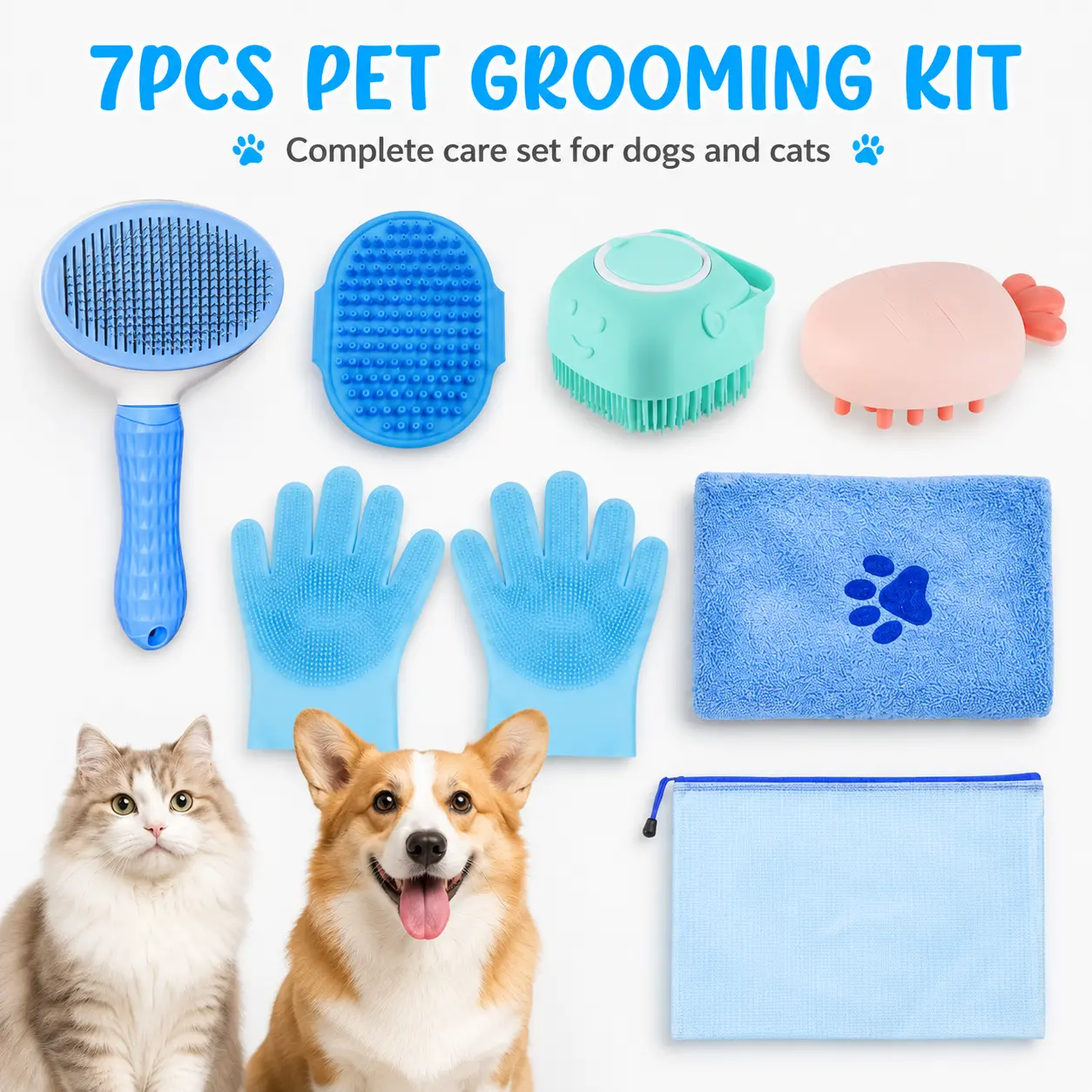 7 in 1 Pet Bath Grooming Kit with self cleaning slicker brush silicone scrubbers massage gloves paw towel storage pouch and pet scissors for shedding bath care all size dogs and cats available in blue