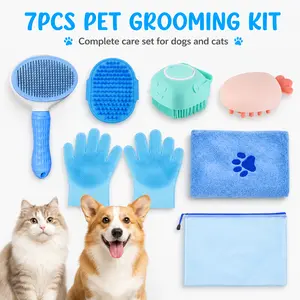 7 in 1 Pet Bath Grooming Kit with self cleaning slicker brush silicone scrubbers massage gloves paw towel storage pouch and pet scissors for shedding bath care all size dogs and cats available in blue