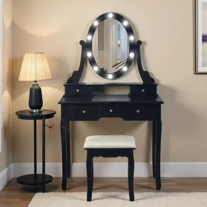 Garvee Modern Vanity Makeup Desk with Lights, Rotatable Mirror, Adjustable Brightness, 5 Drawers, and Dressing Table Set for Bedroom in Black