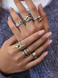 Ladies' Ring  Gold and Silver Color-Blocked Star Hollowed-Out Opening with Zircon Teardrop-Shaped Horse Eye Shaped Linear Stainless Steel 18k Gold-Plated Waterproof Jewelry  Minimalist High-End and Trendy Design Sense Elegant Casual Ring