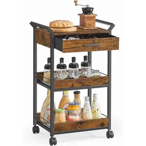 Cart, 3-Tier Rolling Cart with Table Top, Handles, 4 Lockable Casters, Top Drawer, Mesh Shelves, for,, Bedroom, Rustic Brown and Ink Black ULRC048K01