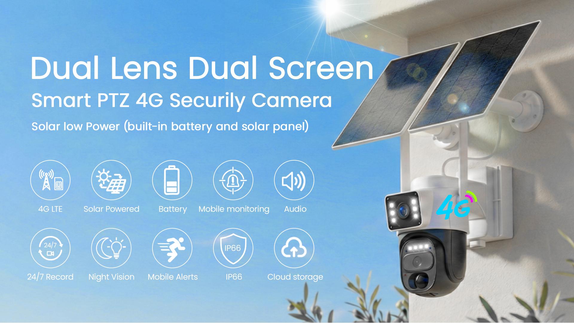 Hawkray 4G LTE Cellular Security Camera (No WiFi, Built-in SIM Card) Solar-Powered Dual-Camera Monitoring System Outdoor Wireless Security Camera Color Night Vision Edition 360° Real-Time Viewing & Detection Two-Way Audio Auto-Connect Pan-Tilt Control