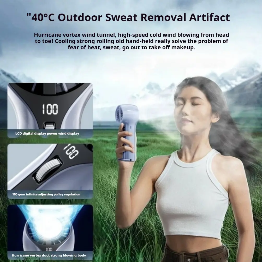 2026 High-Speed Fan 1-100 Levels Precision Roller Control Portable Handheld with Digital Display 3000mAh Battery Powerful Airflow for Travel Camping & Outdoor Enhanced Cooling with Ice Function