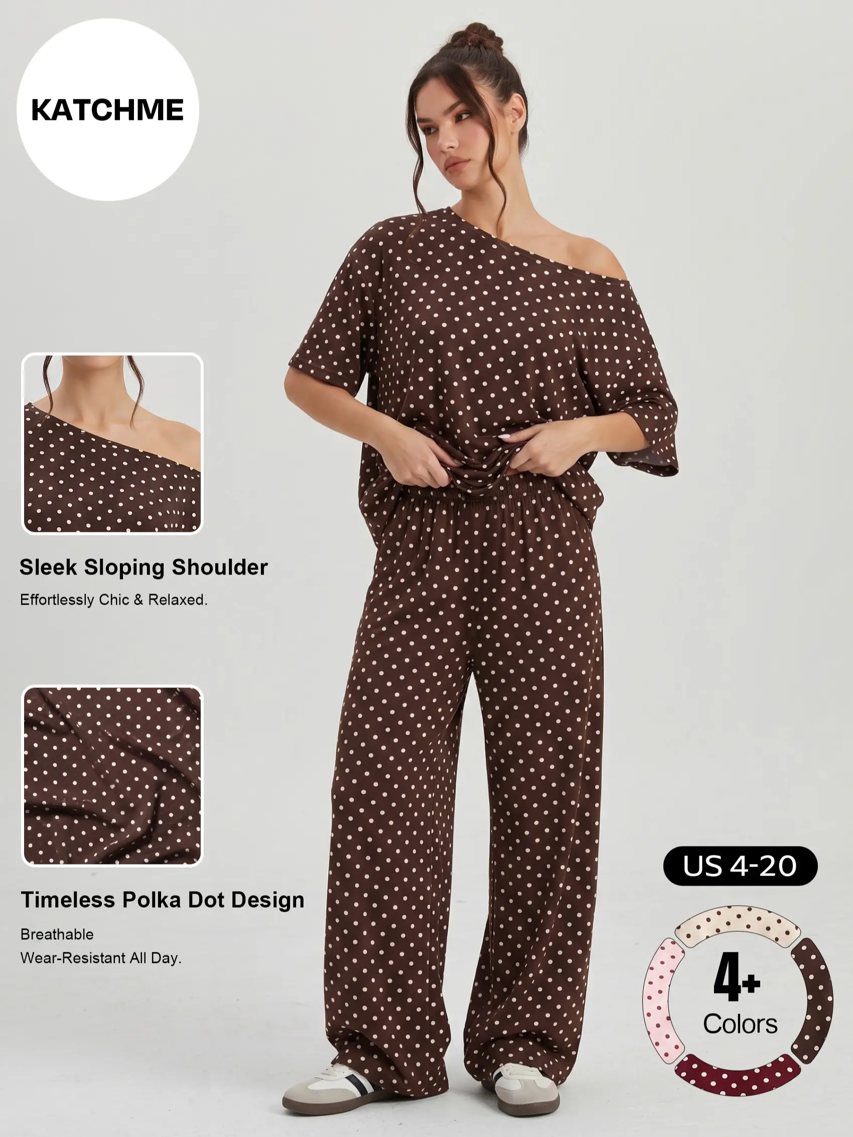 Katch Me Chic Women's Vibrant Polka Dot Sloping Shoulder Top & Wide Leg Trousers Co-ord, Breathable Loose   Short Sleeve   2-Piece Set for Spring & Summer, Stretch Pill-Resistant Soft Daily Outfit #TikTokMadeMeBuyIt #SummerEssentials #MatchingOutfit