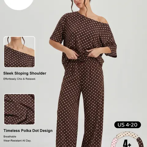 Katch Me Chic(US/CN)Women's Vibrant Polka Dot Sloping Shoulder Top & Wide Leg Trousers Co-ord, Breathable Loose Short Sleeve 2-Piece Set for Spring & Summer, Stretch Pill-Resistant Soft Daily Outfit #TikTokMadeMeBuyIt #SummerEssentials #MatchingOutfit