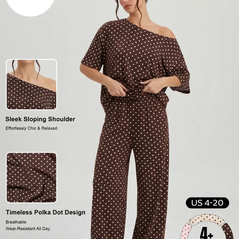 Katch Me Chic(US/CN)Women's Vibrant Polka Dot Sloping Shoulder Top & Wide Leg Trousers Co-ord, Breathable Loose Short Sleeve 2-Piece Set for Spring & Summer, Stretch Pill-Resistant Soft Daily Outfit #TikTokMadeMeBuyIt #SummerEssentials #MatchingOutfit