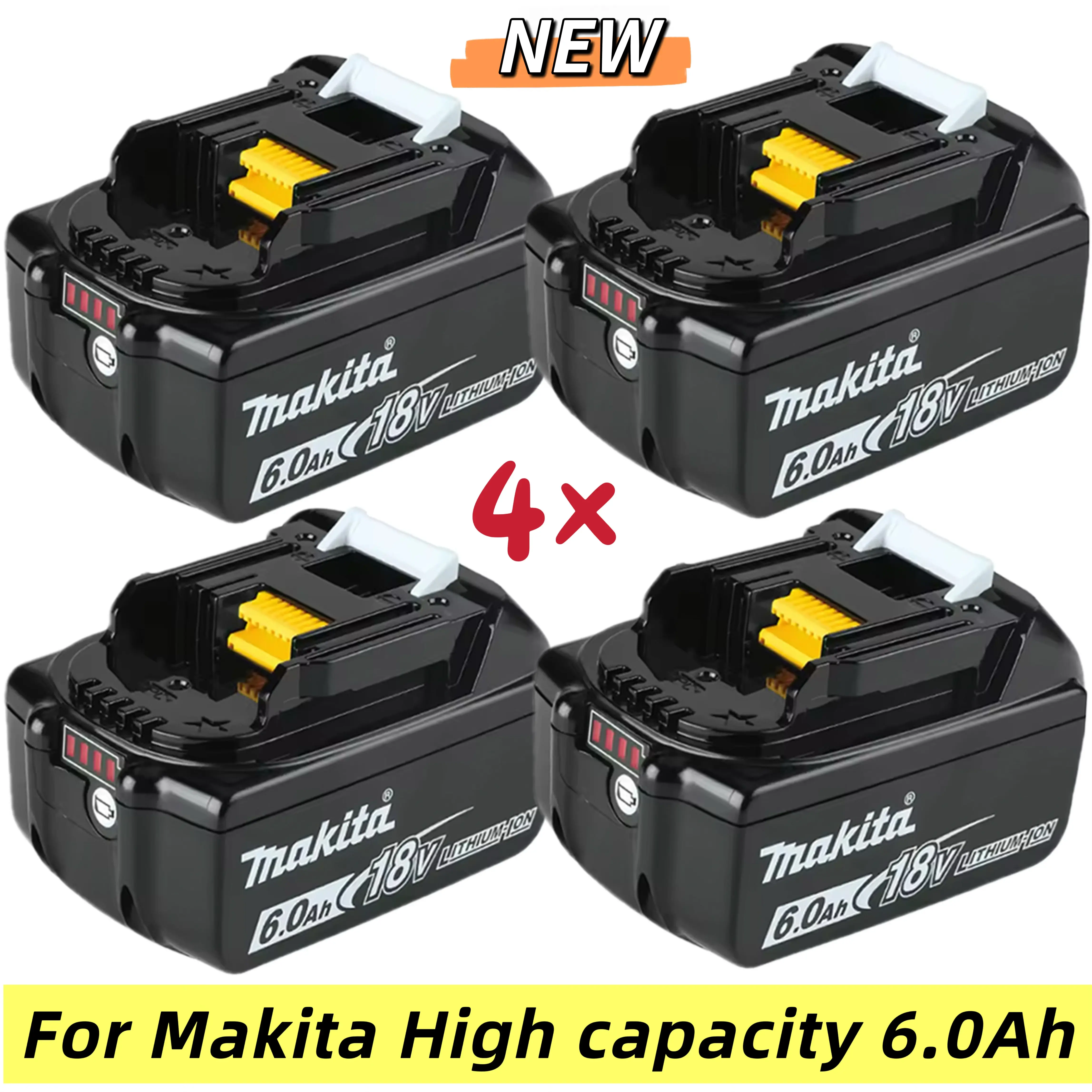 Makita 18V Lithium High Capacity Rechargeable Tool Batteries (4-Pack, 6.0Ah Upgraded, 4 x 6000mAh), High-Quality with LED, Cordless Tool Accessories for BCF201, BHP451, Compatible with BL1860, BL1860B, BL1850, High Capacity Battery Cordless Tool Accessori