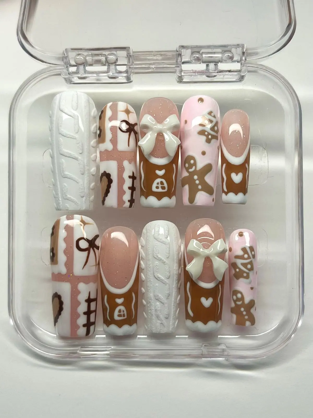 Christmas Gingerbread Press On Nails, Long Square 3D Sweater Fake Nails, Gingerbread Cookie White Bow Nail Art, Cute Kawaii Holiday Handmade Nail Set | Gift Set (Adhesive Tabs, Nail File, Cuticle Stick)