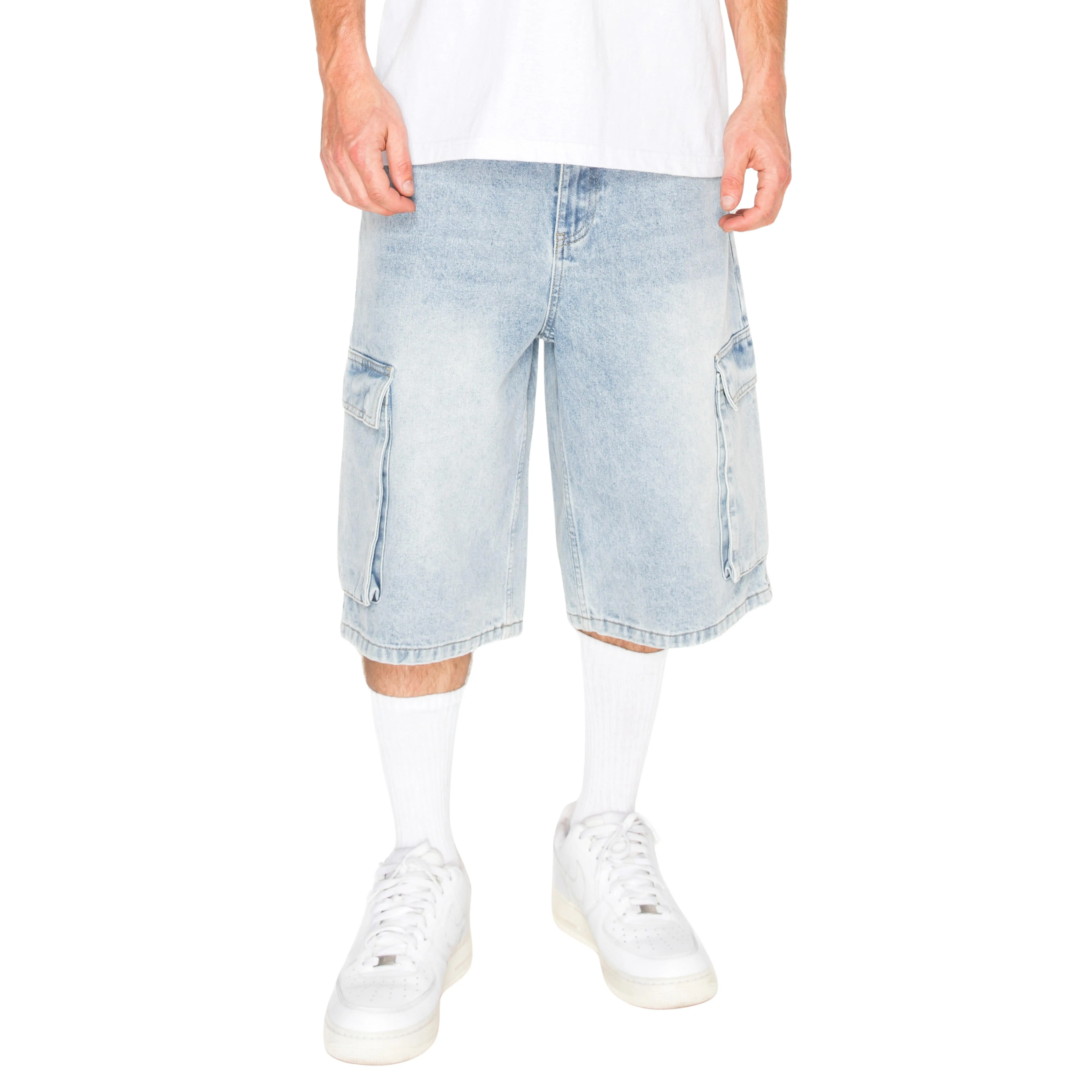 VICTORIOUS VAULT Men's Baggy Denim Cargo Shorts, Loose Oversized Streetwear Fit with Utility Pockets, 100% Cotton Below-the-Knee Length, Cargo Pockets, Long Jorts Men's Shorts, Zip Fly, Casual Jorts, Extreme Baggy Men's Shorts