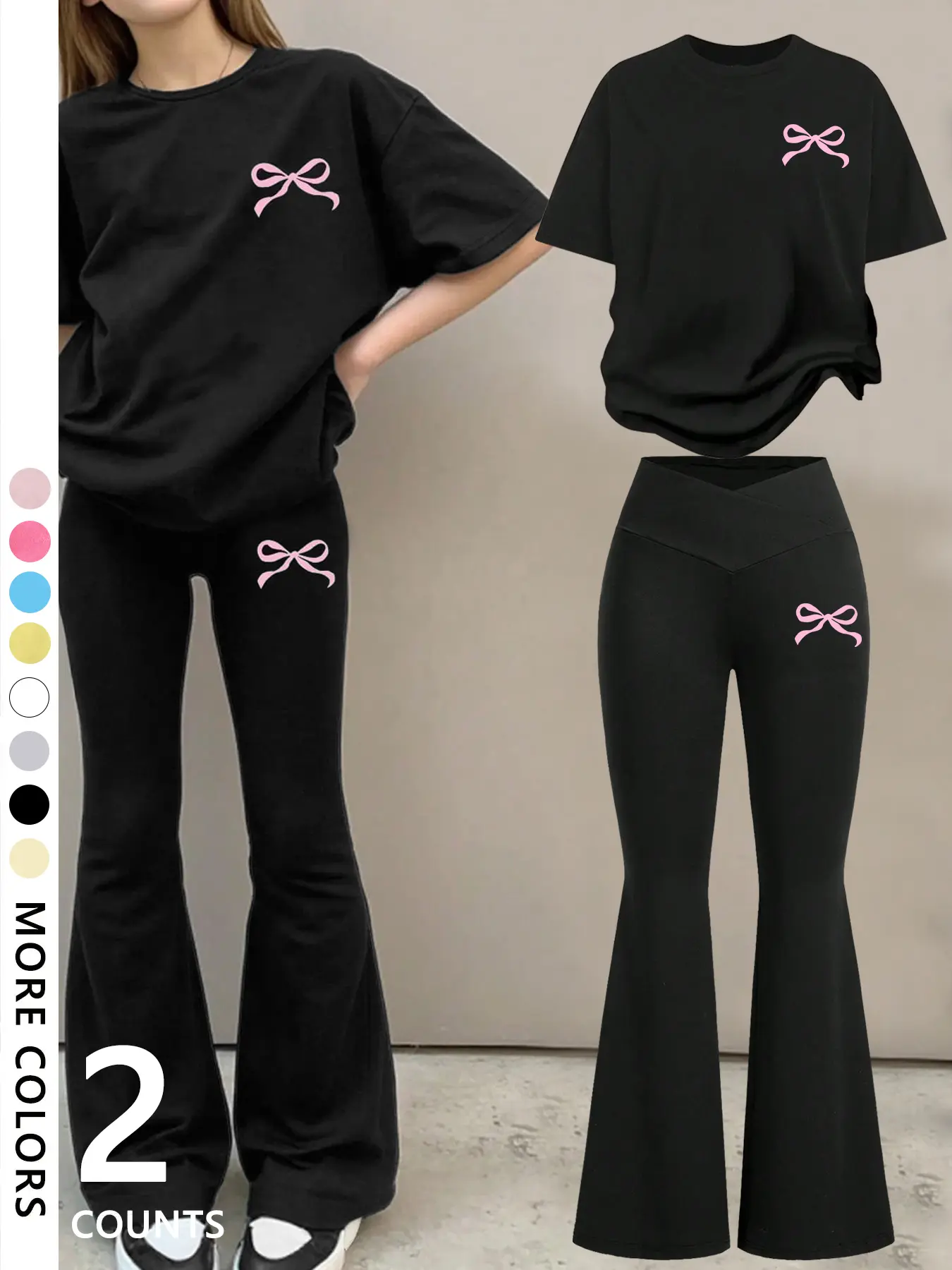 Girls Two-Piece Bow Print Short Sleeve Fitted Knit Fabric T-Shirt and Flared Pants Spring and Summer Women Style Outfit Set Womenswear
